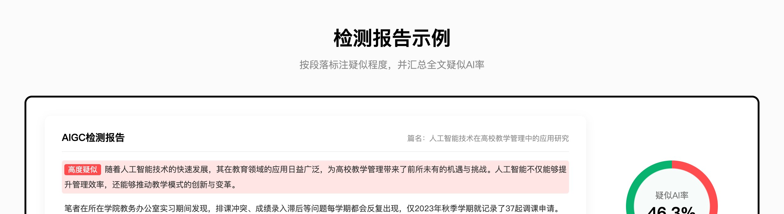 PaperOK AIGC检测示例报告：按段落标注疑似程度，并汇总全文疑似AI率（官网截图，样本文本为AI生成）